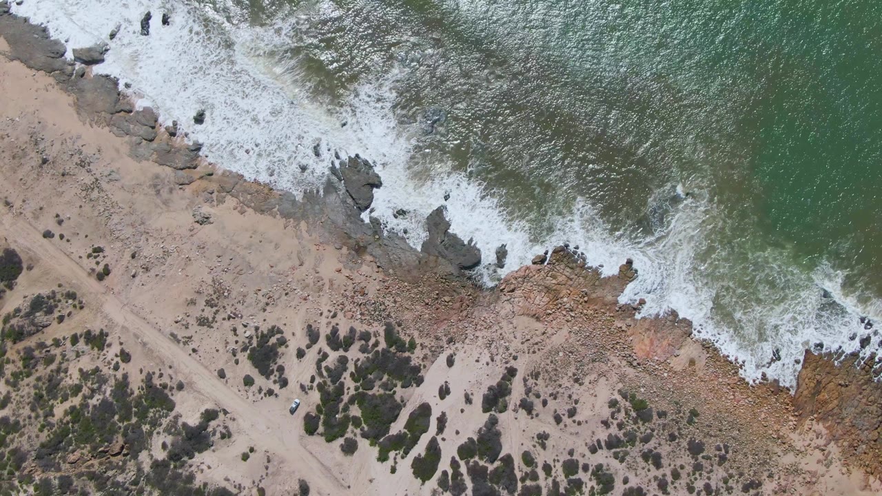 Drone view of rocky beach with waves and coastal scrub