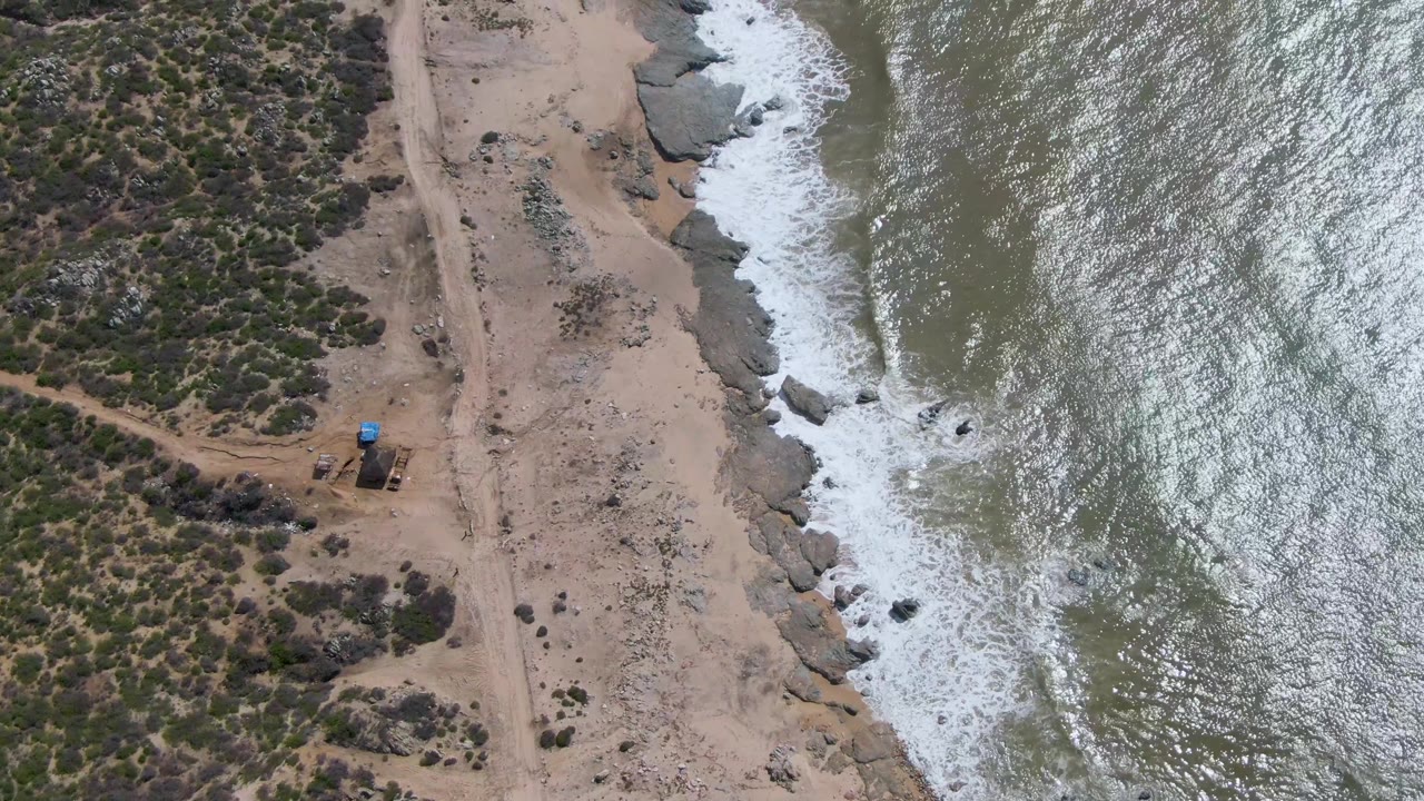 Overhead view of Buzzards Beach East Cape BCS Mexico with green-gray water, white surf, shoreline rocks, tan sand, scrub vegetation, a dirt path, and no visible people.