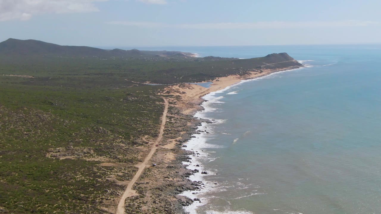 The Buzzards Beach East Cape BCS Mexico shoreline fills the frame with a long sandy beach, scattered rocks, low green vegetation, distant hills, pale sky, and no visible people.