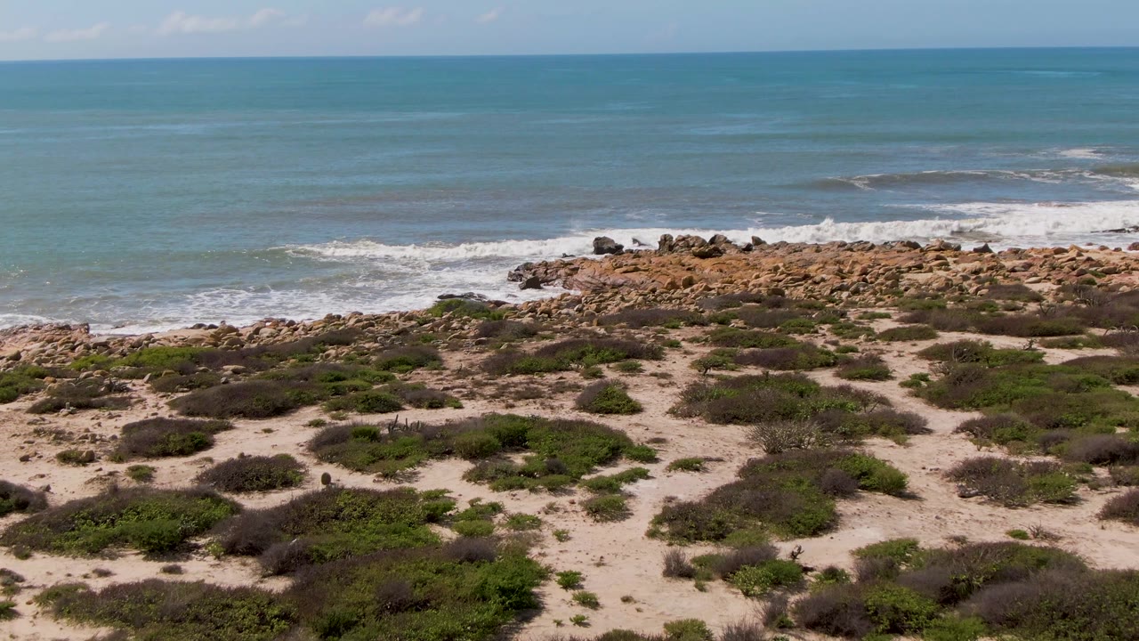 At two seconds, the Buzzards Beach East Cape BCS Mexico coastline holds a clear horizon, blue-green water, rocky shore, patchy dune shrubs, and no visible people.