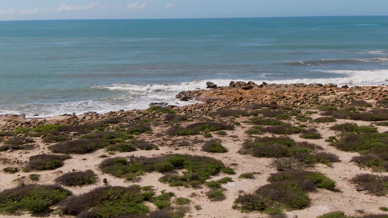 At three seconds, Buzzards Beach East Cape BCS Mexico shows a broader surf band behind the rocks, with pale sand and scattered coastal shrubs in front and no visible people.