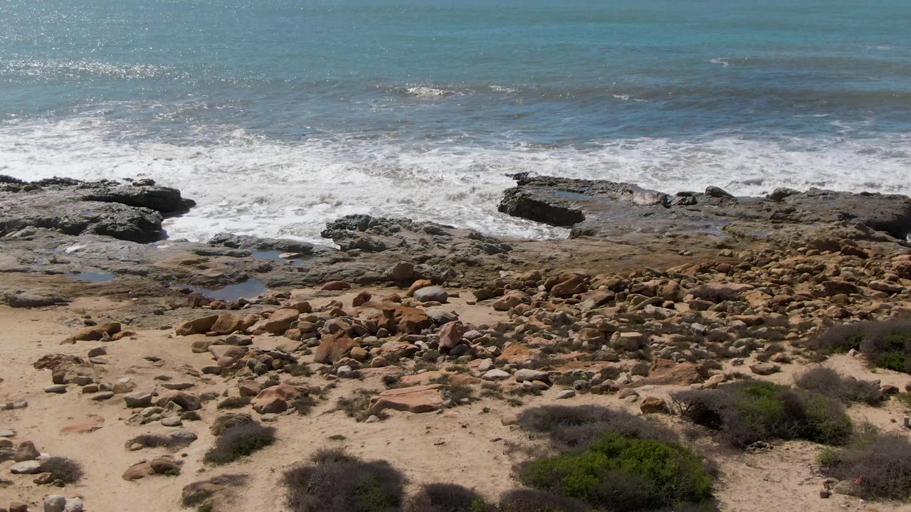 At 0:01, Buzzards Beach East Cape BCS Mexico appears from above as foam spreads along the rock line, with sandy beach and sparse coastal plants below, and no visible people.