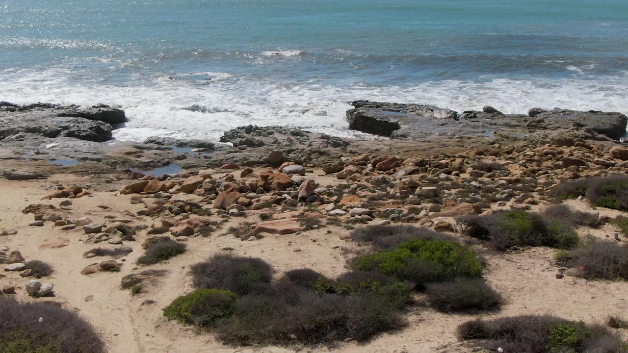 Rock shelves and foamy surf with more sandy foreground visible