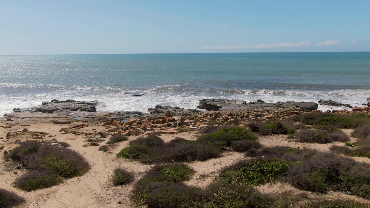 Buzzards Beach East Cape BCS Mexico coast with scrub-covered sand in front, scattered shoreline rocks, a band of white wave foam, open blue water, and no visible people.