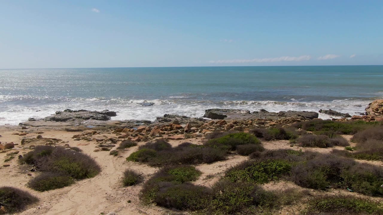 Buzzards Beach East Cape BCS Mexico shoreline with a central sandy path between low bushes, rocky outcrops near the water, foamy surf, blue ocean, and no visible people.