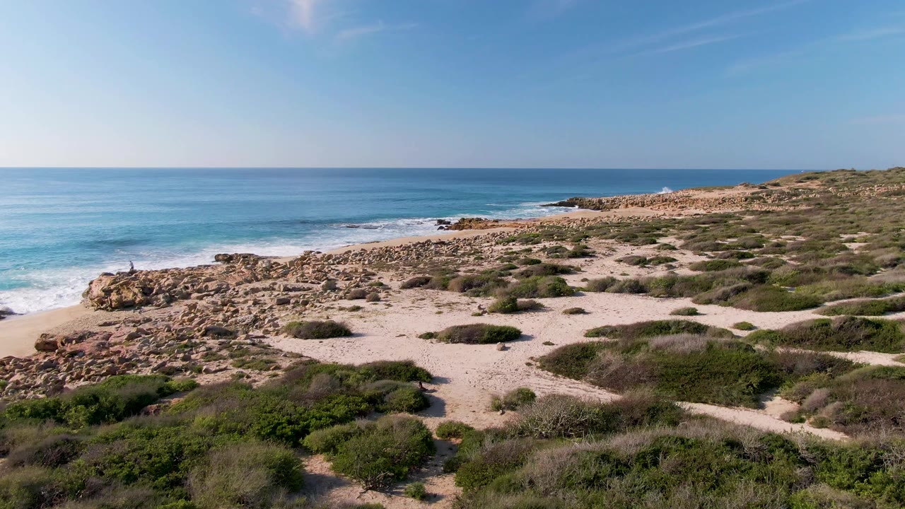 At 0:03, Buzzards Beach East Cape BCS Mexico is seen with more foreground shrub cover, a tan rock field along the beach, rolling white surf, and no visible people.