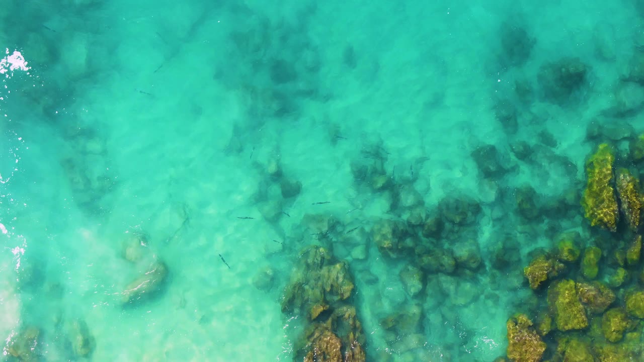 Top-down view of turquoise water at Buzzards Beach East Cape BCS Mexico, with submerged rocks, faint fish shapes, surface glints, and no visible people.