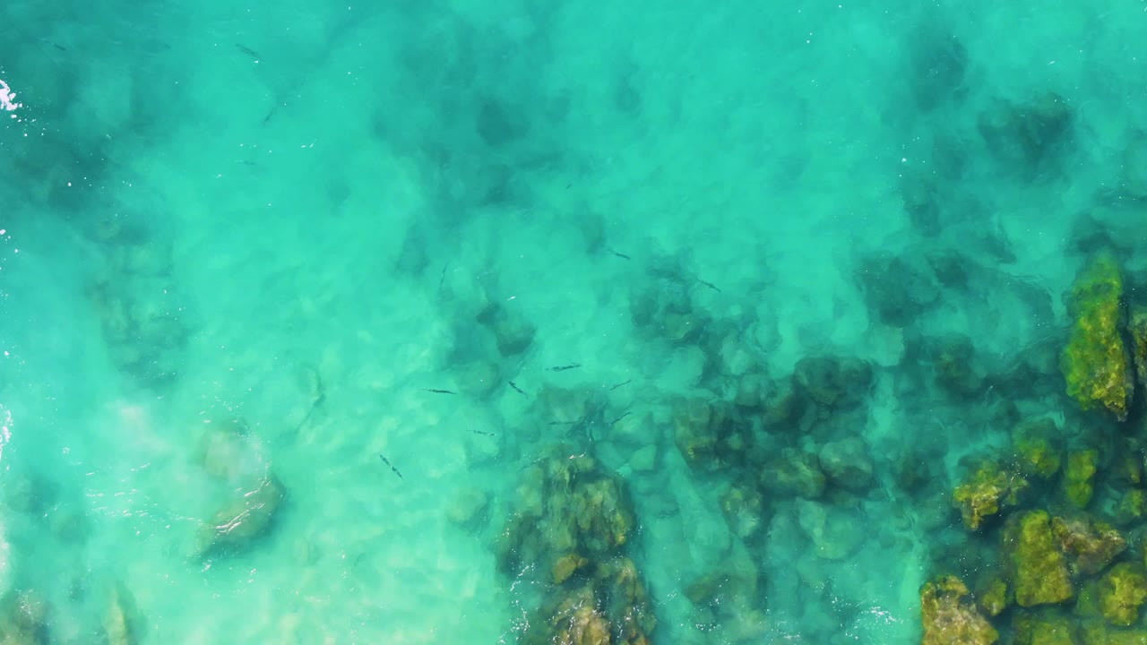 Aerial frame over clear turquoise water in Buzzards Beach East Cape BCS Mexico, showing darker rock patches, a few small fish, soft ripples, and no visible people.