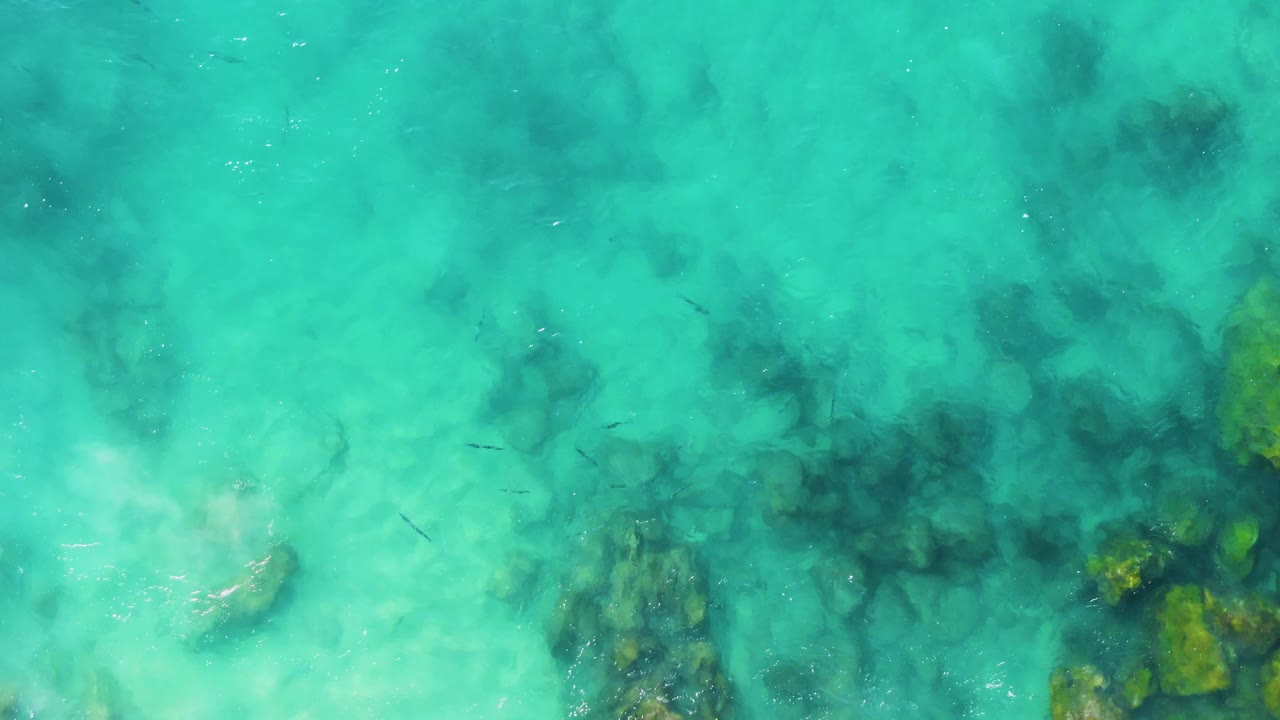 Top-down shallow ocean frame from Buzzards Beach East Cape BCS Mexico, with blue-green water, clustered submerged rocks at the right side, small fish marks, and no visible people.