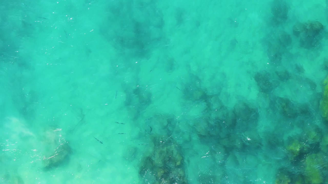 Later frame over Buzzards Beach East Cape BCS Mexico water, where darker submerged rock shadows spread through the turquoise shallows with small fish visible and no visible people.