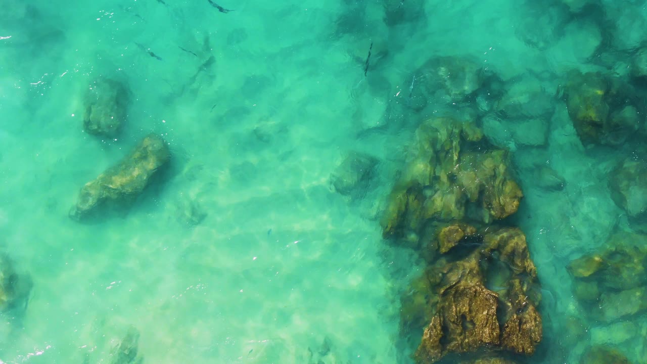 Top-down view of turquoise water at Buzzards Beach, East Cape BCS Mexico, with submerged rocks near the left and center, small fish in the water, pale sand below, and no visible people.