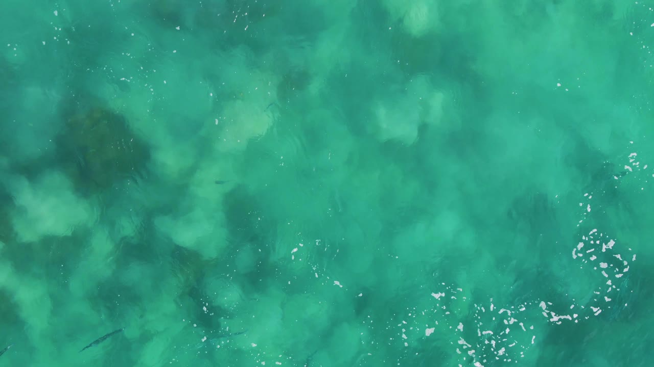 Overhead water frame from Buzzards Beach East Cape BCS Mexico, with turquoise surface color, scattered white foam bubbles, darker submerged coral or rock areas, and no visible people.