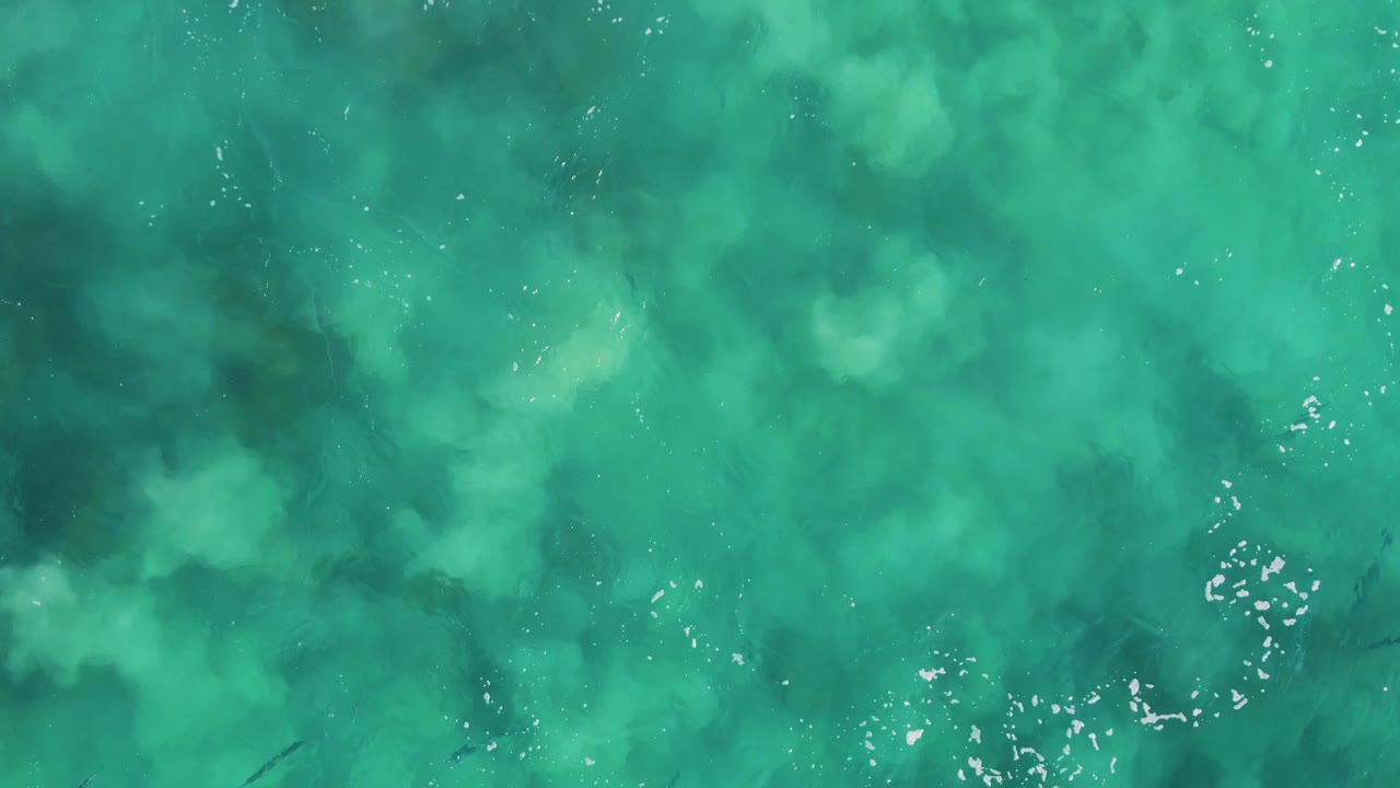Top-down frame at Buzzards Beach East Cape BCS Mexico showing cloudy turquoise water, layered underwater coral or rock texture, faint dark fish shapes near the lower left, and no visible people.