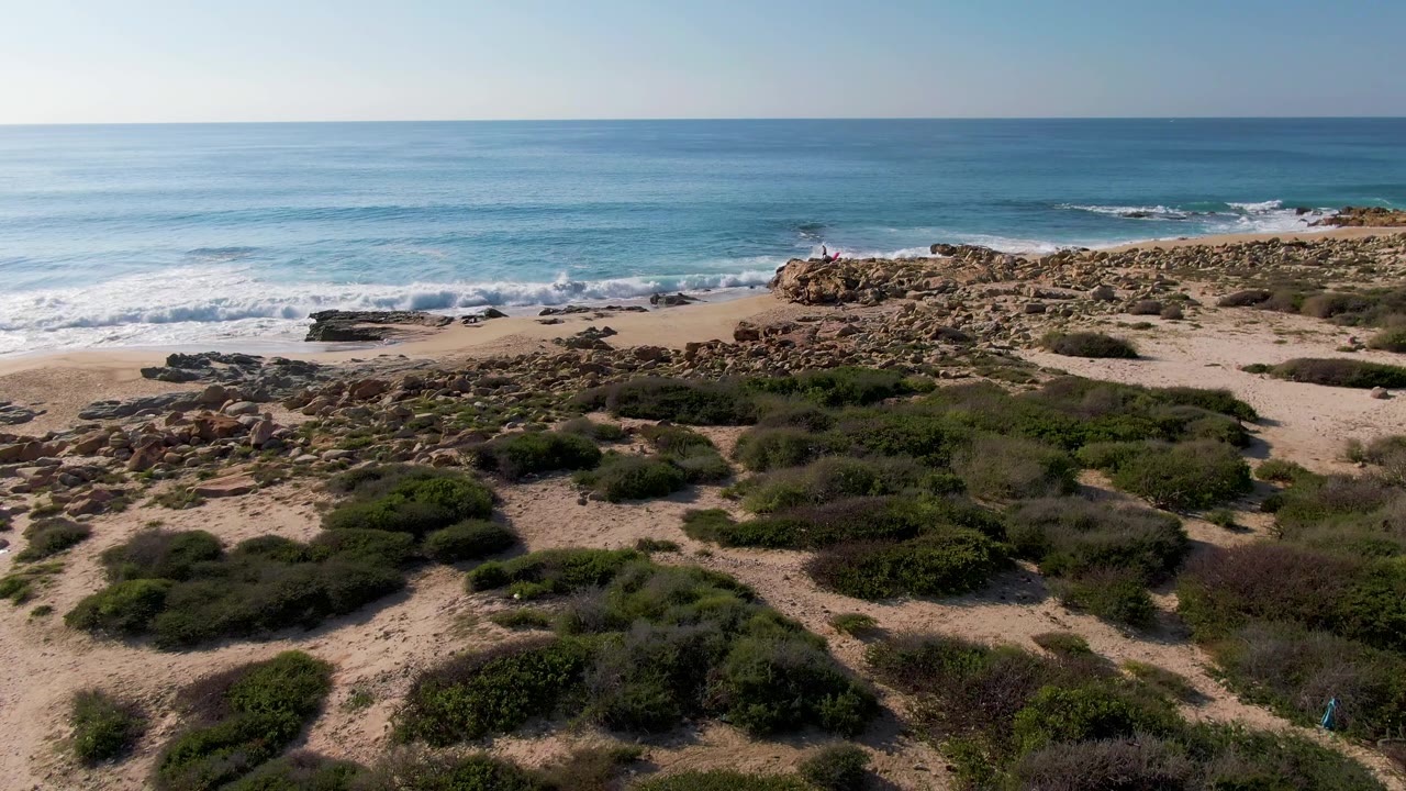 At 0:02, the aerial view shows whitewater moving across the left side of the shoreline, rock outcrops near center, sandy paths through green shrubs, and a tiny person on the rocks.