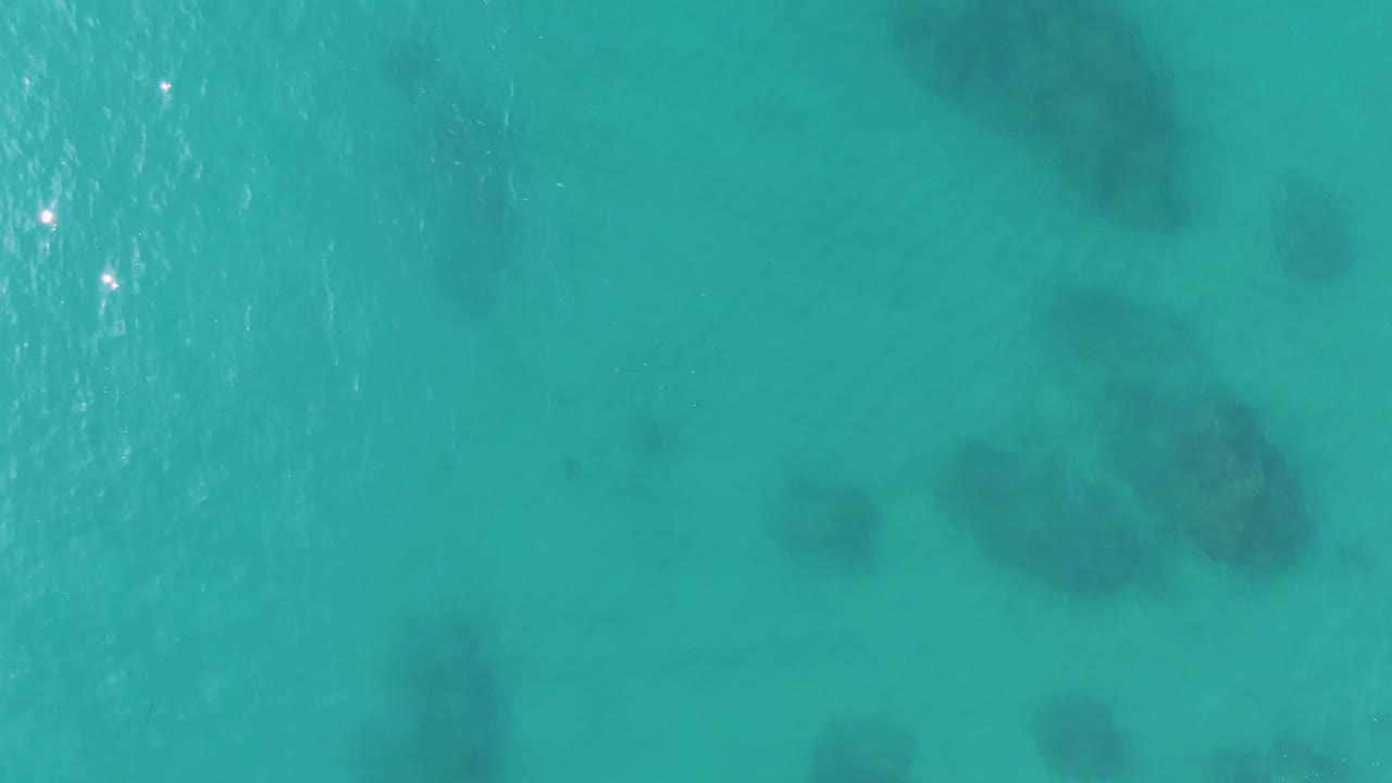 Top-down view of turquoise shallow water at Buzzards Beach, East Cape, BCS, Mexico, with dark submerged formations near the upper frame and no visible people.