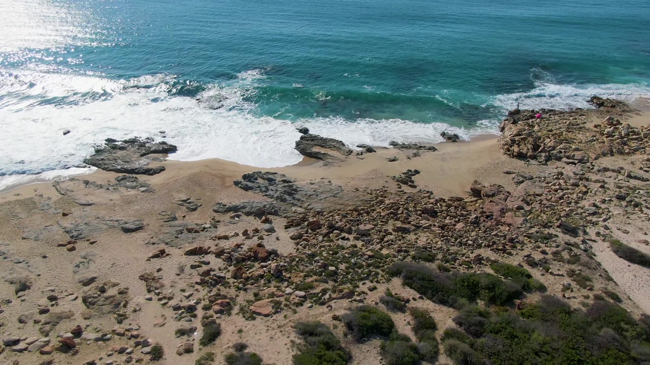 Foamy surf reaches a sandy beach with rocks and scrub.