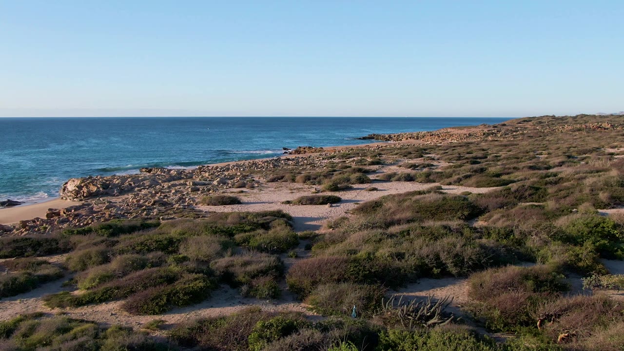 Fourth frame at Buzzards Beach East Cape BCS Mexico with scrub-covered sand in front, a rocky beach edge at left, blue ocean behind, and no visible people.