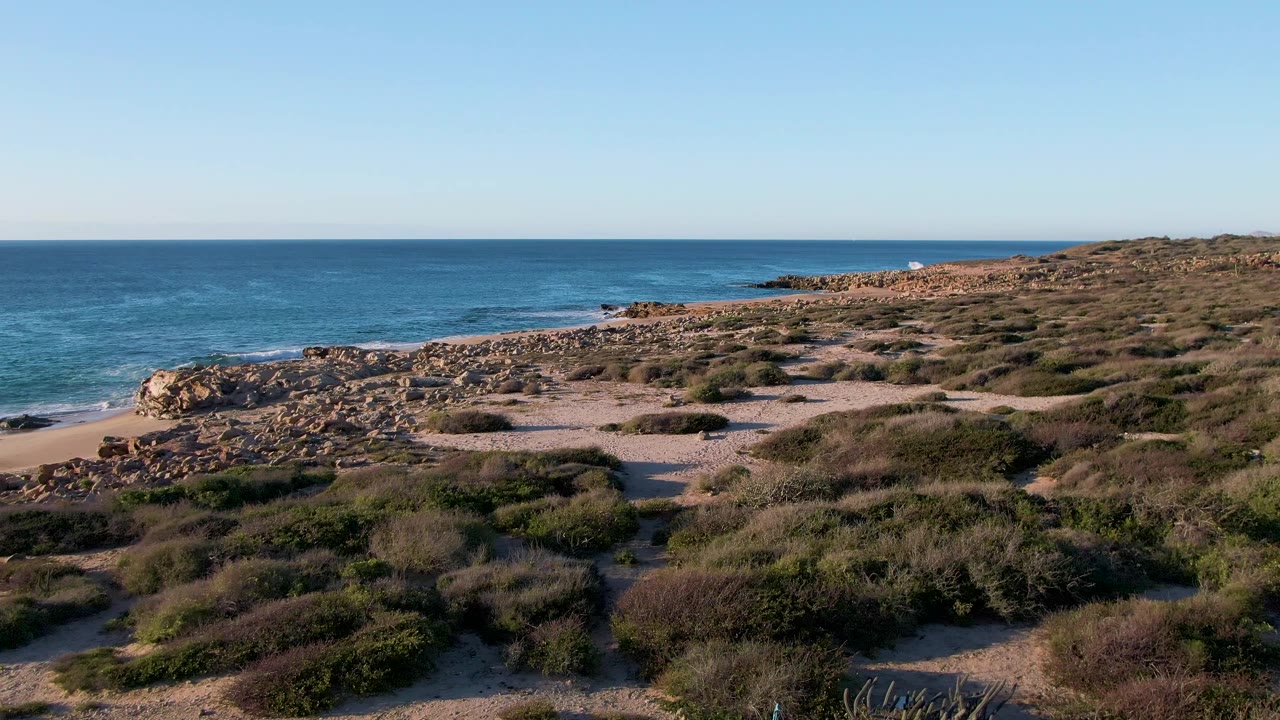 Opening frame of Buzzards Beach, East Cape, BCS Mexico showing scrub-covered sandy terrain above a rocky shore, blue ocean, clear sky, and no visible people.