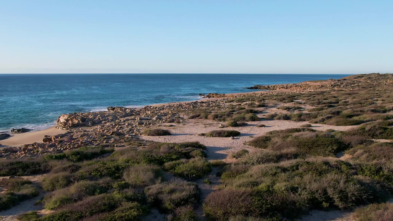 Third frame at Buzzards Beach, East Cape, BCS Mexico showing a small sandy cove at left, broken shoreline rocks, scrubby vegetation across the foreground, and no visible people.