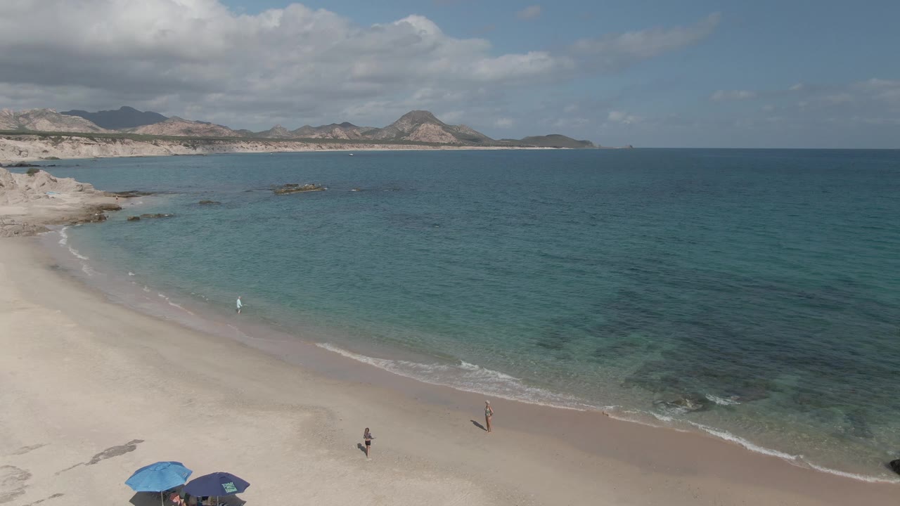 Aerial frame of Playa El Arbolito showing pale sand, two umbrellas at the lower left, small people on the beach, clear turquoise water, and mountains under scattered clouds.