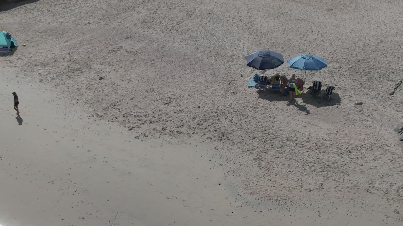 Overhead drone frame at Playa El Arbolito Cabo Pulmo showing two blue umbrellas, beach chairs, several people, and one person walking at the left edge on pale sand.