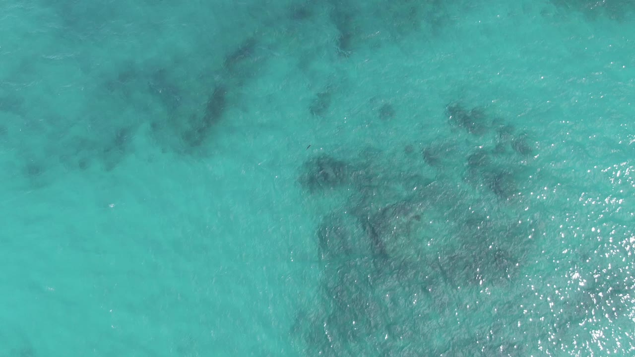 Turquoise ocean surface at Playa El Arbolito, Cabo Pulmo, with dark underwater forms spread across the frame and bright reflection clusters on the right, no visible people.