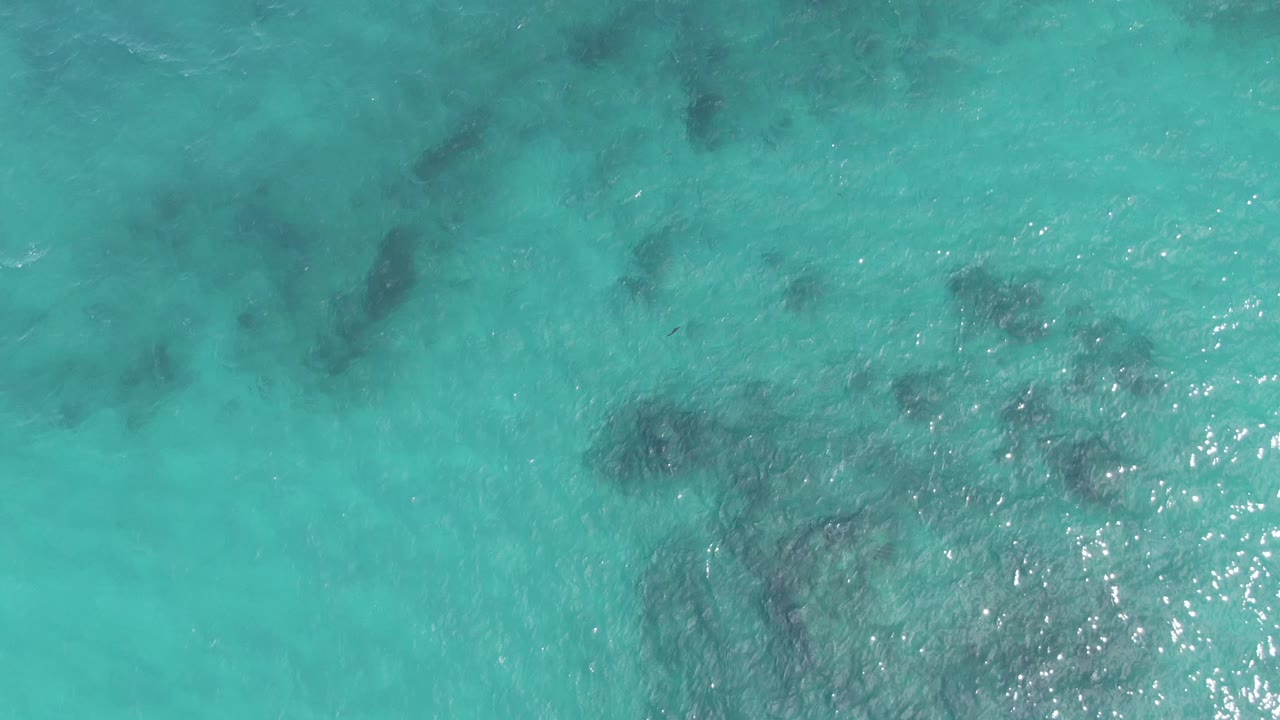 Turquoise ocean surface at Playa El Arbolito Cabo Pulmo BCS Mexico, with darker reef patches below and a brighter cluster of sunlight reflections on the right, no visible people.