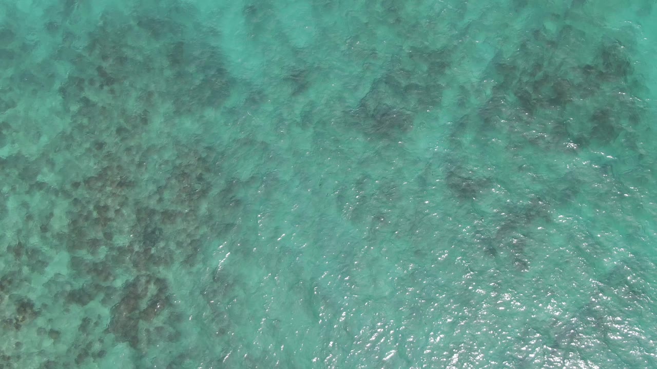 Overhead view of turquoise water at Playa El Arbolito Cabo Pulmo BCS Mexico, with darker seabed shapes under small ripples and no visible people.