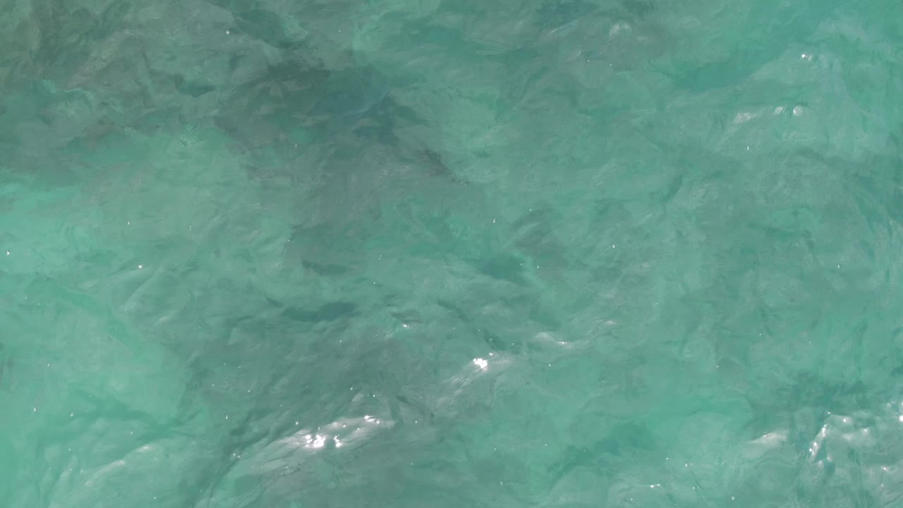 A second overhead water frame shows green-blue transparency, faint darker shapes beneath the surface, scattered white glints, and no visible people.
