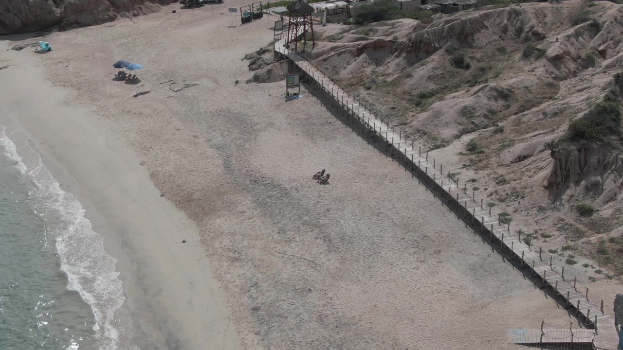 At 0:02, the drone view at Playa El Arbolito shows more dune texture and fencing along the diagonal boardwalk, with pale beach, a strip of surf, umbrellas, and tiny people still visible from above.