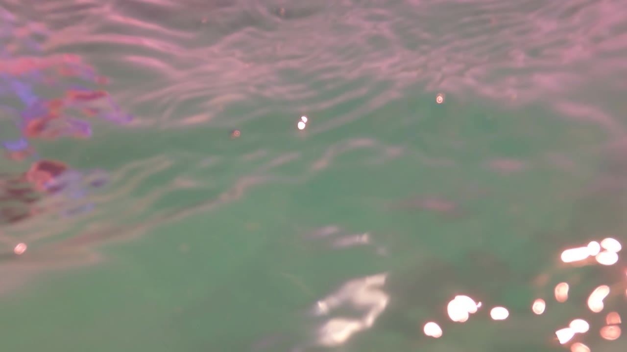 Underwater view in San Jose Del Cabo, Mexico with green water, soft pink surface reflections, scattered highlights, and no visible people.