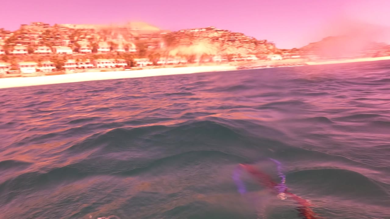 Water-level view in San Jose del Cabo, Mexico, with rippled ocean in front, a red trail and purple ring near the lower frame, beach and hillside buildings in the distance, and no clearly visible person in this frame.