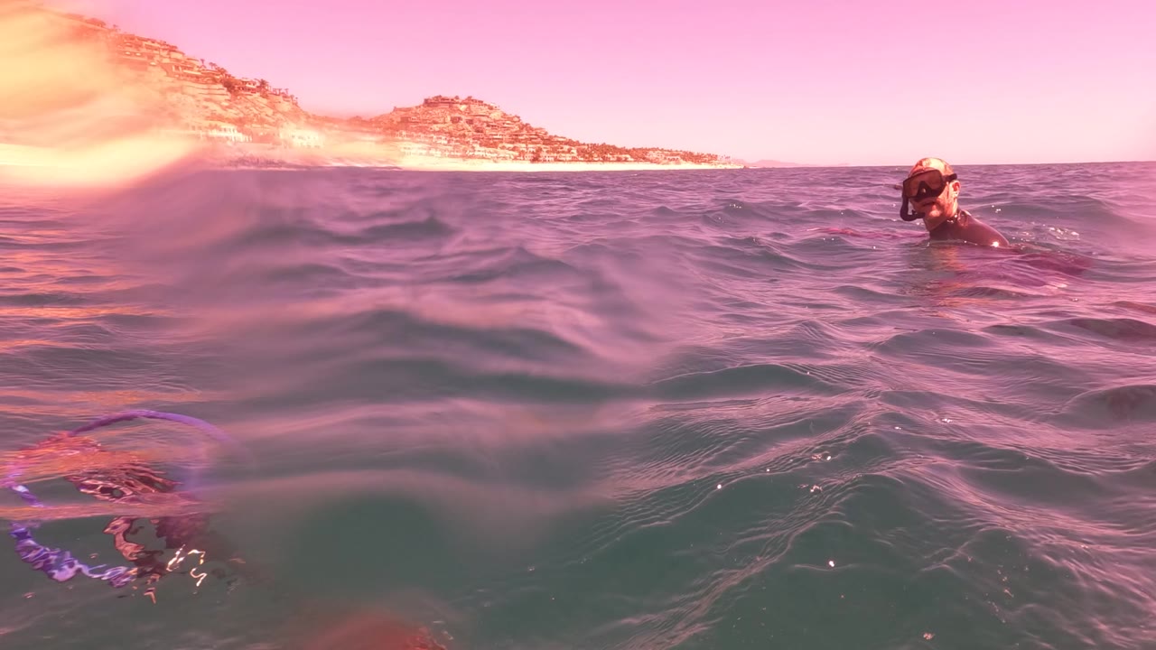 Swimmer in ocean with purple ring and red trail near beach and hills.