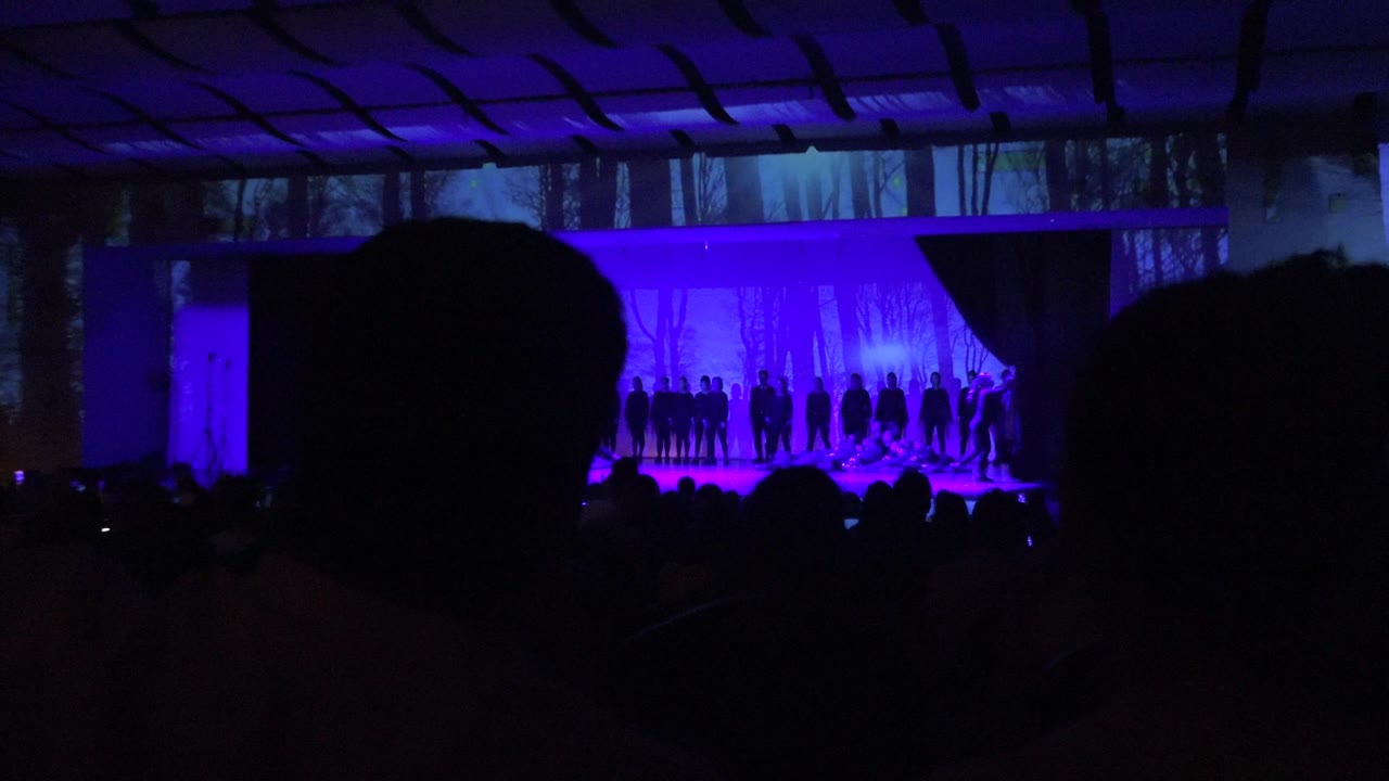 Purple-lit ensemble on stage seen past dark audience heads