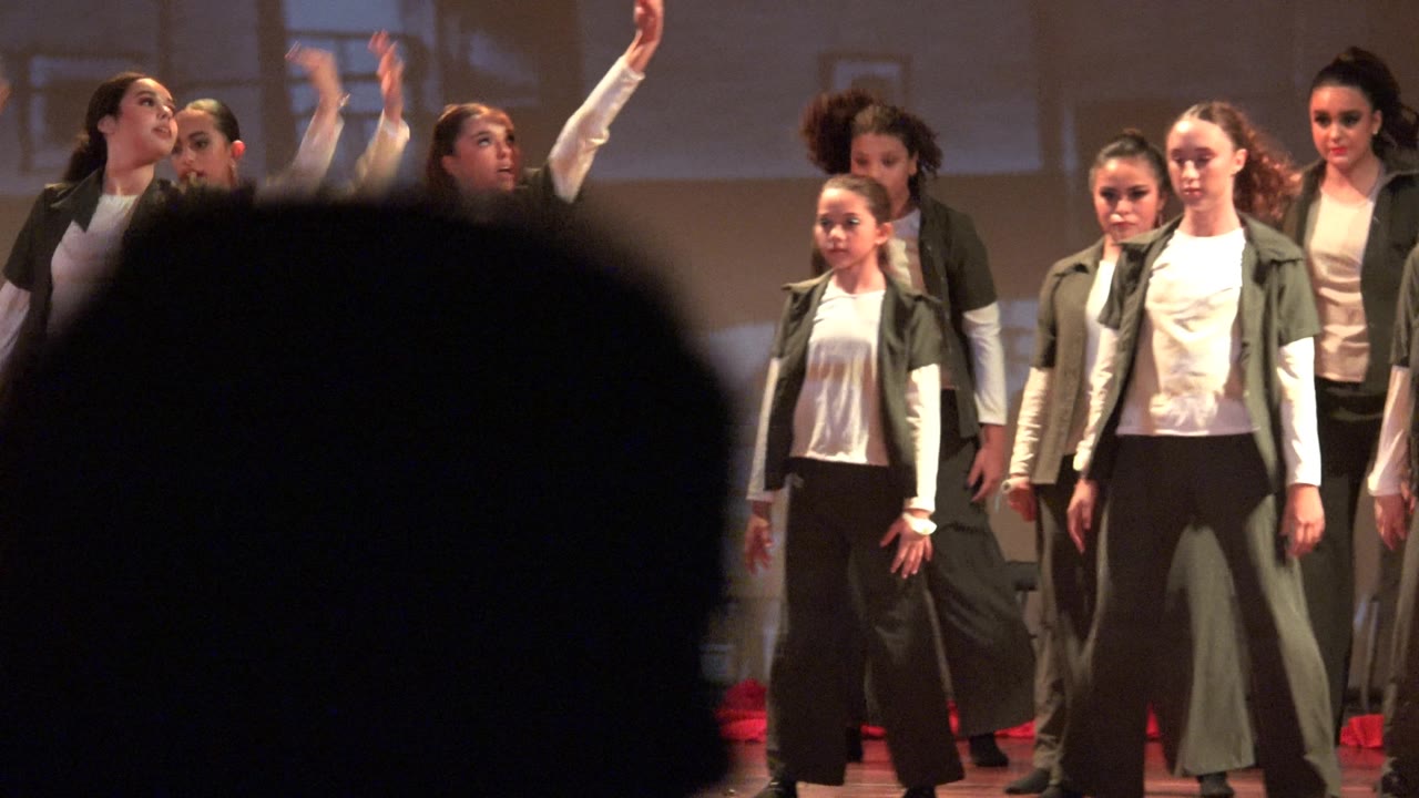 A group of dancers in white tops, dark pants, and green jackets stand and move on a lit stage in San Jose Del Cabo BCS Mexico, with large audience silhouettes across the lower foreground.