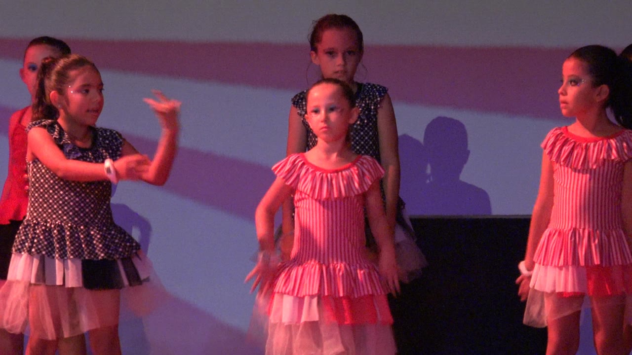 Girls in pink and dark dance costumes perform arm movements on stage.