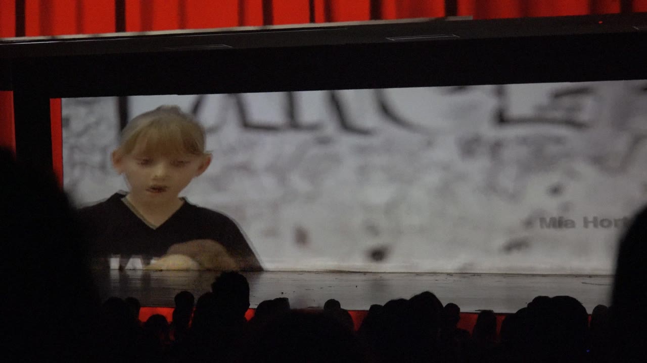 A young boy or child presenter appears centered on a large stage projection, with red curtains above and audience silhouettes along the bottom edge in San Jose del Cabo BCS Mexico.