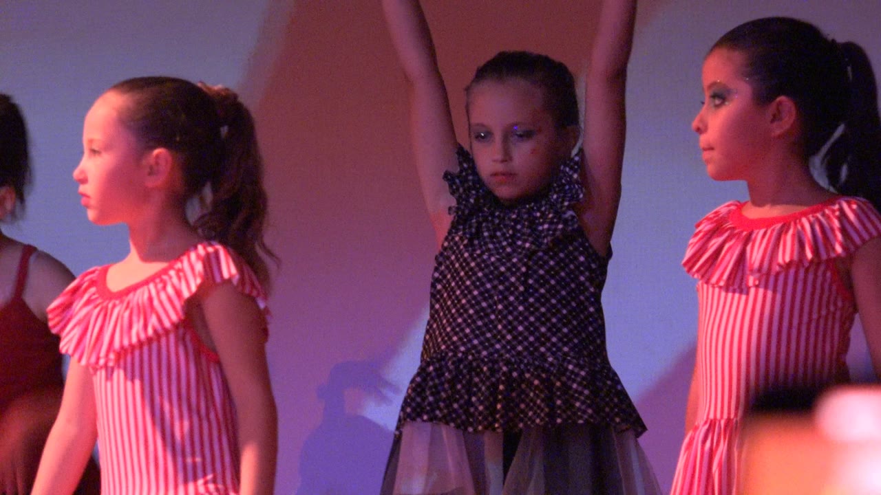 Girls dancing on stage with a blurred phone in the foreground