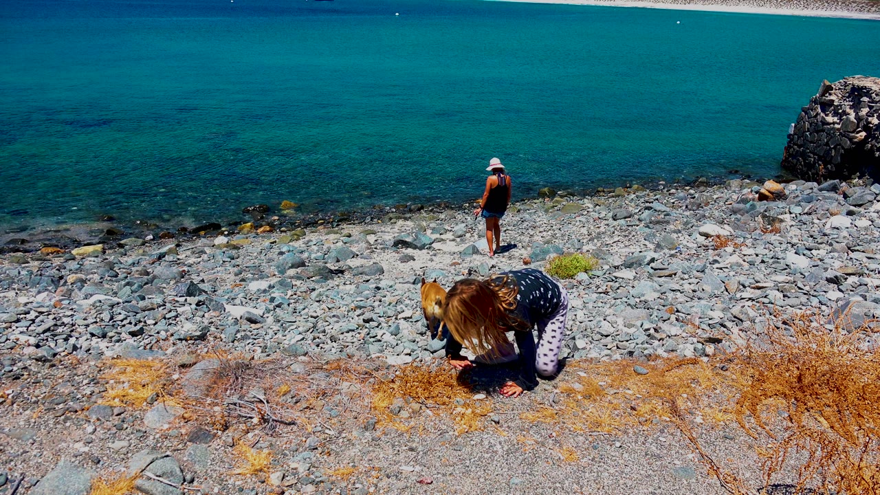At El Sargento La Ventana Mexico, the light brown dog stands beside the crouched woman in the foreground while a woman in a white hat remains farther down the rocky shore near blue water.