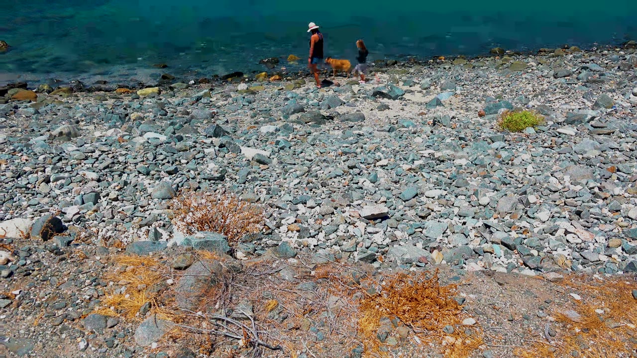 At 0:00 in El Sargento La Ventana Mexico, an adult in a white hat, a child, and a brown dog appear near the waterline above a rocky foreground.