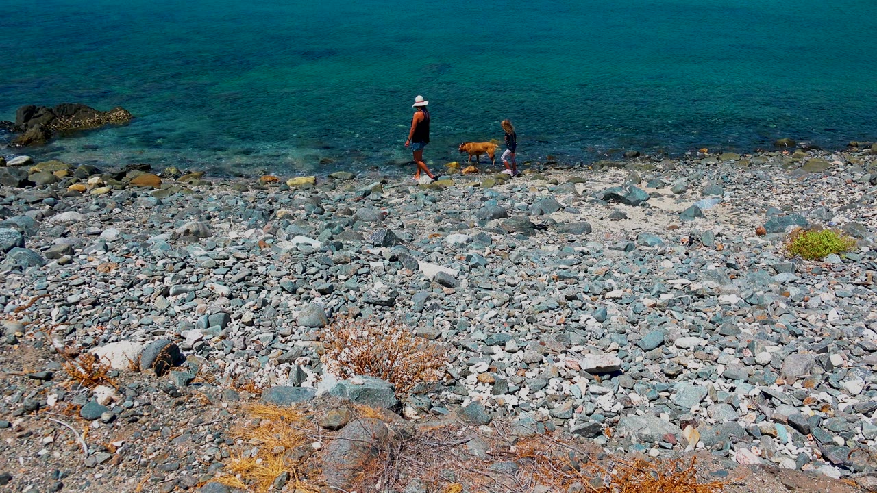 At 0:00 in El Sargento La Ventana Mexico, an adult in a white hat walks with a child and tan dog across gray stones near clear turquoise water.