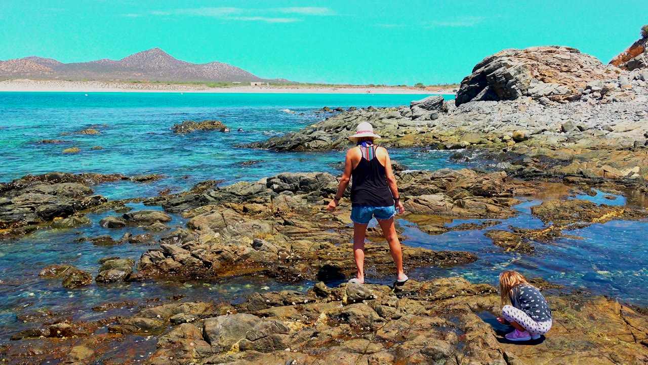 Woman facing the water on rocky shoreline while child crouches nearby.