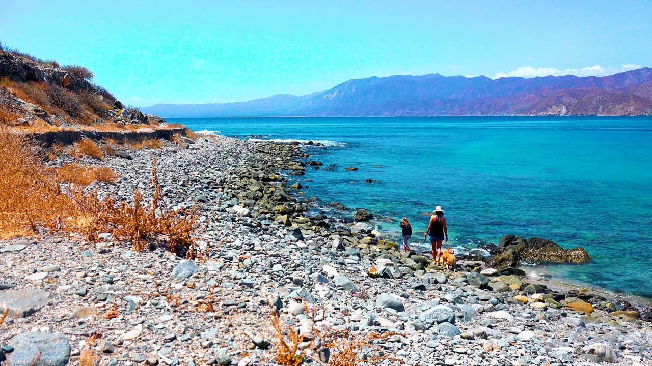 At El Sargento La Ventana Mexico, the adult, child, and small dog stand farther right along the rocky waterline, with clear blue-green water, scattered surf rocks, and mountains in the distance.