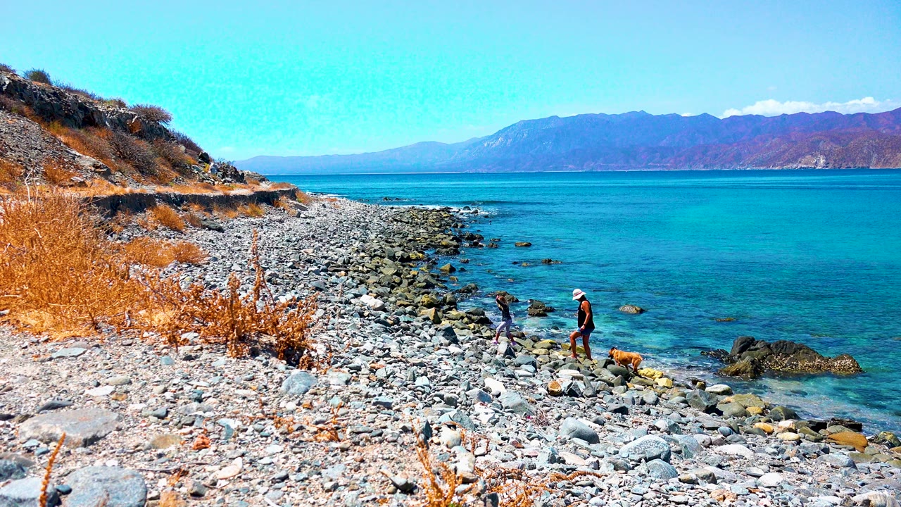 At El Sargento La Ventana Mexico, two people and a dog are visible on a rocky shore with dry grass in the foreground, turquoise water to the right, and mountains across the horizon.