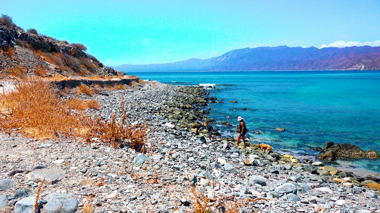 At El Sargento La Ventana Mexico, one person is near the water while another stands on the rocks beside the dog, with shallow clear water, scattered stones, and a mountain ridge beyond.