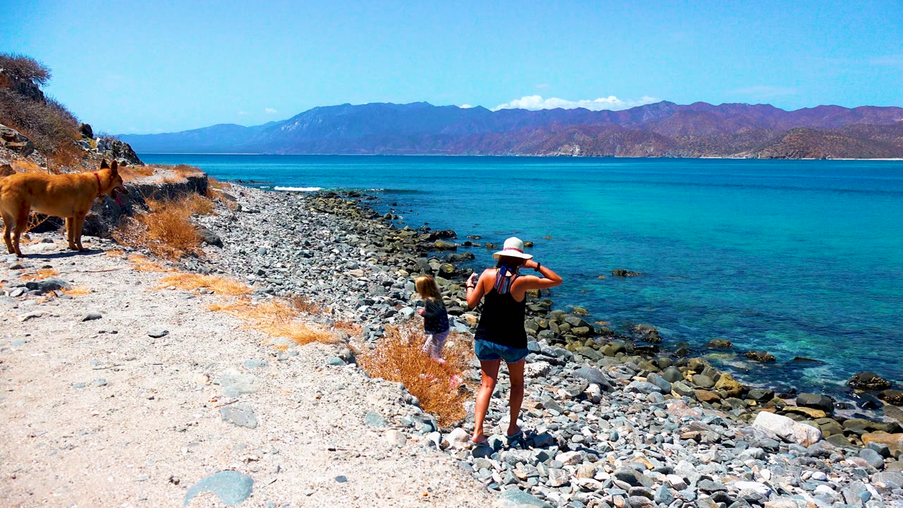 In El Sargento La Ventana Mexico, a woman in a white hat holds up a camera or phone toward blue water while a child and tan dog stand along the rocky shore.