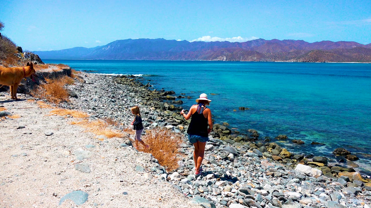 Woman and child move along rocks beside clear blue water with a dog at left.