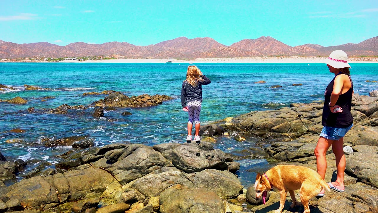 At El Sargento La Ventana Mexico, a child stands near the surf while an adult in a white sun hat and a tan dog occupy the rocky foreground.