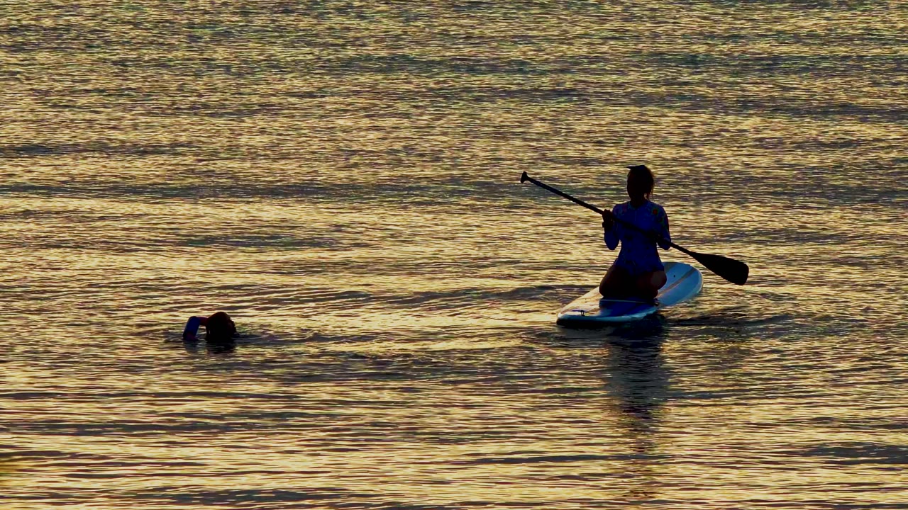At 0:00 in El Sargento La Ventana, Mexico, a silhouetted paddleboarder sits left of center while a swimmer’s head appears lower left in golden rippled water.