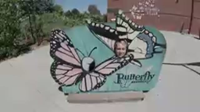 Woman That Is Standing Next To A Sign With Butterflies On It